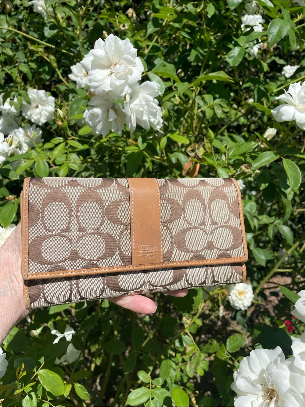 Vintage Coach Signature Stripe Checkbook Wallet Removable Insert Khaki Tan
